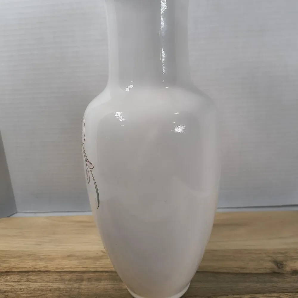 Vtg Fine China Japan White Vase Pink Cream Orchids Butterfly Gold Trim 10.5 ” H